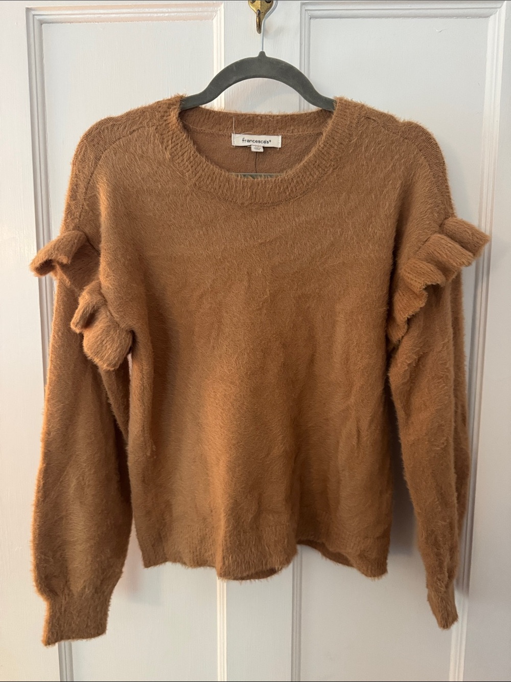 Francesca's Collections Camel Brown Fuzzy Ruffle Sleeve Crewneck Sweater - Picture 1 of 3